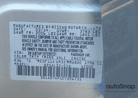 2014 Nissan Sentra Fe+ S/Fe+ Sv/S/Sl/Sr/Sv z USA, uszkodzony, nr VIN 3N1AB7AP1EY226731